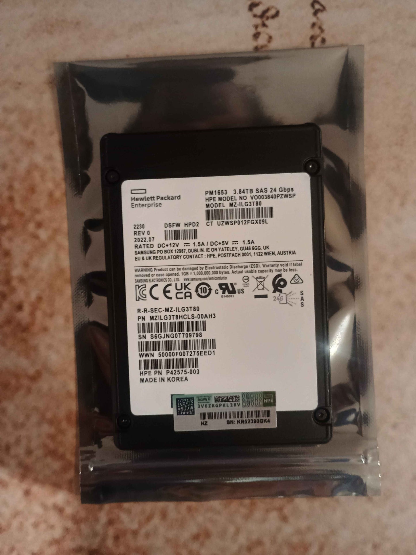 HPE/Samsung PM1653 MZ-ILG3T80 3.84TB SAS 24Gbps